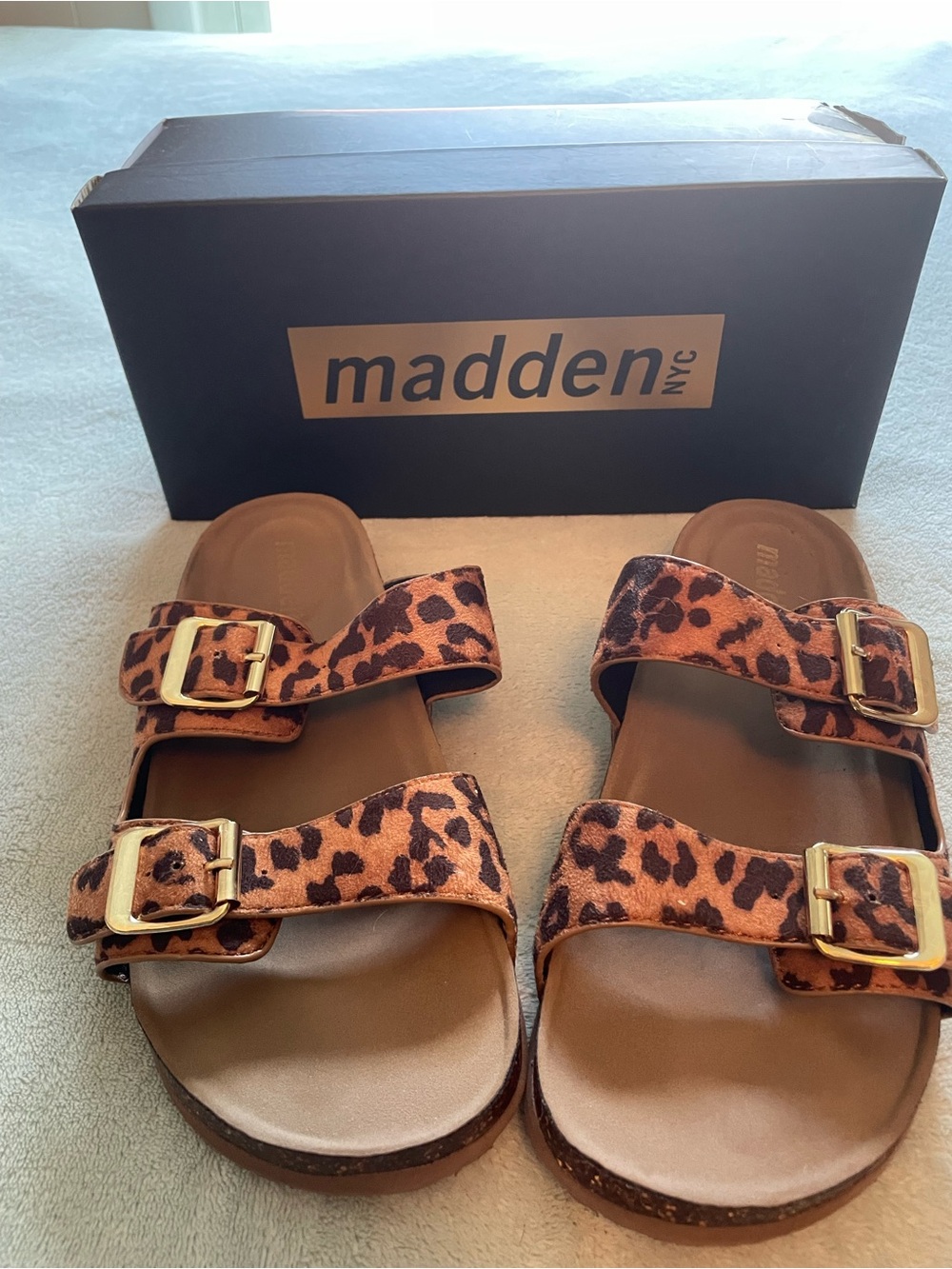 Madden NYC Leopard Print Double-Buckle Slide Sandals